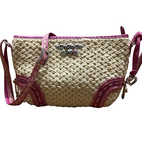 Brighton Straw & Pink Leather Vintage Purse adjustable strap crossbody B31 - Picture 1 of 11